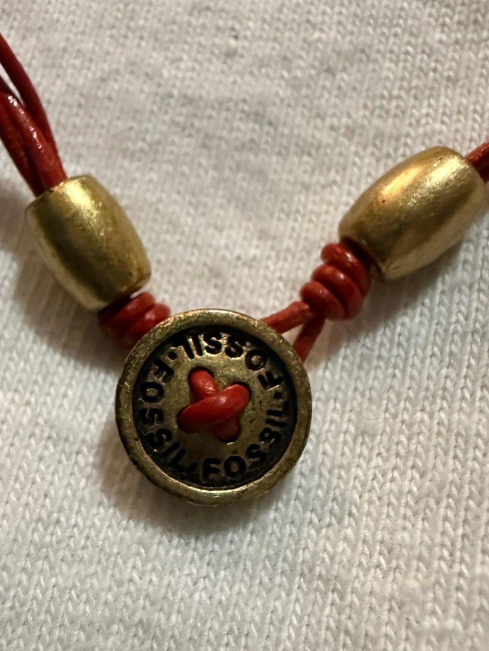 Fossil Vintage Multi-Strand Red Leather Cord Button Necklace Brass Boho - Picture 2 of 3